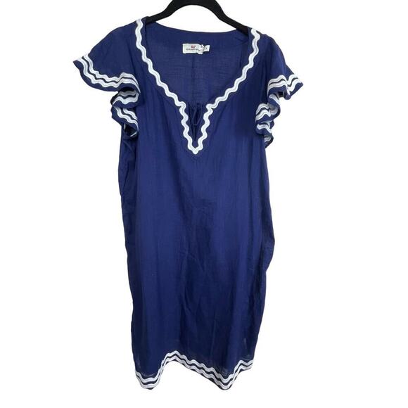 Vineyard Vines Size S Blue Sheath Embellished White Trim‎ Flutter Cap Sleeves - Picture 1 of 6